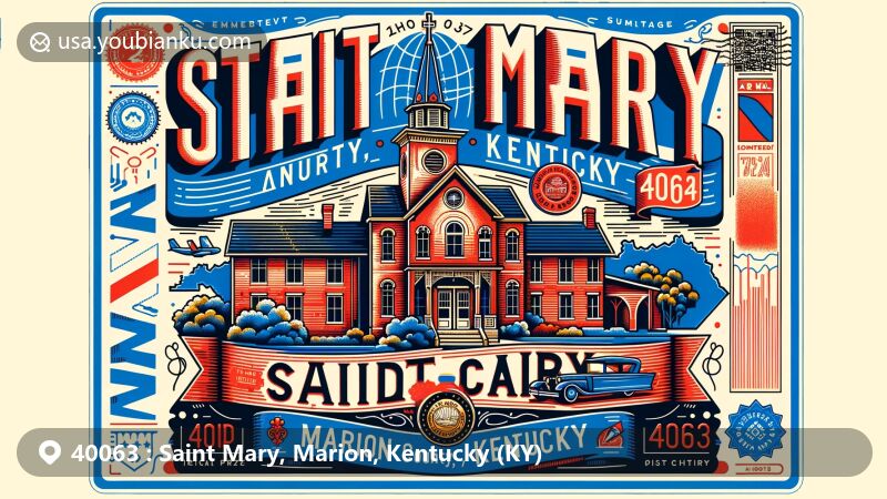Modern illustration of Saint Mary, Marion County, Kentucky, featuring vintage postcard design with ZIP code 40063, highlighting Saint Mary's College history.
