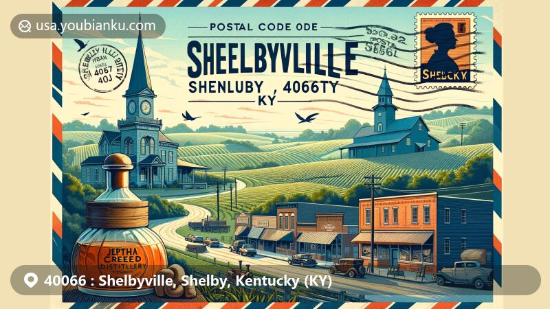 Vintage-style illustration of Shelbyville, Shelby County, Kentucky, with postal theme around ZIP code 40066, featuring Jeptha Creed Distillery, Main Street, rolling hills, horse breeding, bourbon production, and Shelbyville Fountain.