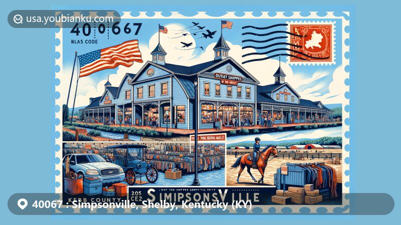 Modern illustration of Simpsonville, Shelby County, Kentucky, showcasing local attractions like The Outlet Shoppes of the Bluegrass, Shelby County Flea Market, and Red Fern Riding Center, with a postal theme and Kentucky state flag.