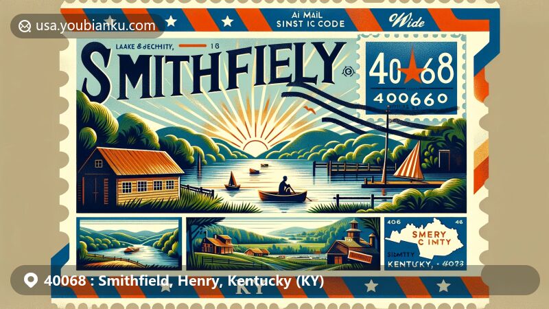 Modern illustration of Smithfield, Henry County, Kentucky, with vintage air mail envelope featuring Lake Jericho and Kentucky silhouette, set against backdrop of rolling hills and greenery typical of the area. Postal theme includes stamp of historical post office and cancellation mark 'Smithfield, KY 40068'.