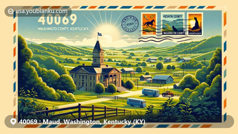 Vintage-style illustration of Maud, Washington County, Kentucky, showcasing ZIP code 40069, featuring scenic landscapes, the Washington County courthouse, traditional horse farms, and iconic bluegrass fields.