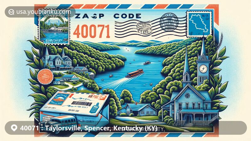Modern illustration of Taylorsville, Spencer County, Kentucky, featuring air mail envelope and Taylorsville Lake, showcasing lush greenery and recreational appeal.