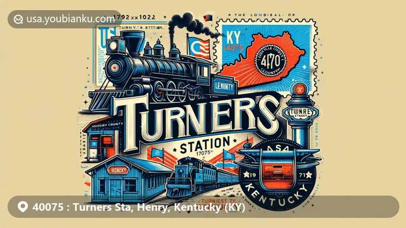 Modern illustration of Turners Station, Henry County, Kentucky, incorporating historical and geographical elements with vintage train, Henry County outline, and Kentucky state flag.