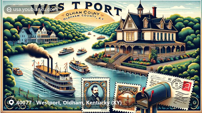 Modern illustration of Westport, Oldham County, Kentucky, featuring scenic Ohio River, historic steamboat, unique Johnston home, lush landscapes, and grand homes, blended with vintage postal stamp, postmark, and mailbox.