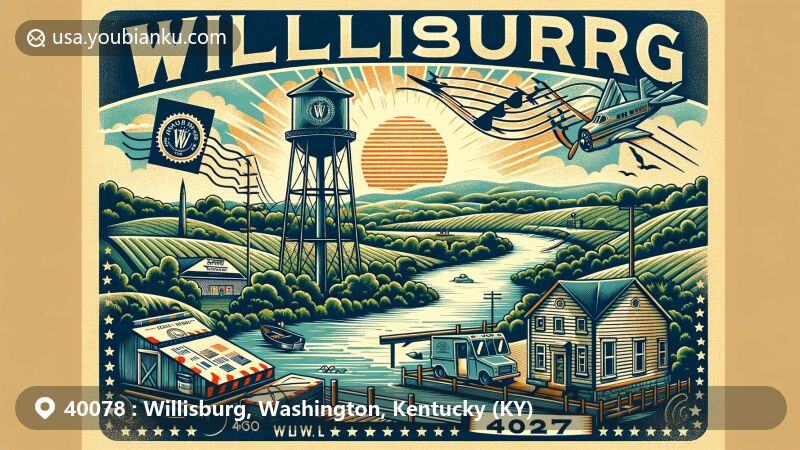 Modern illustration of Willisburg, Kentucky, showcasing postal theme with ZIP code 40078, featuring scenic rural views, Willisburg water tower, Kentucky state flag, and outdoor activities.