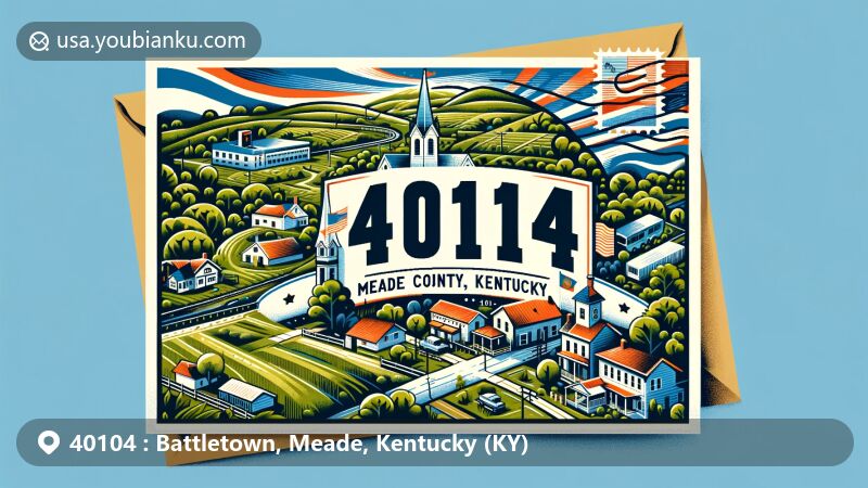 Modern illustration of Battletown, Meade County, Kentucky, featuring postal theme with ZIP code 40104, showcasing lush green spaces and parks, and the peaceful rural atmosphere.