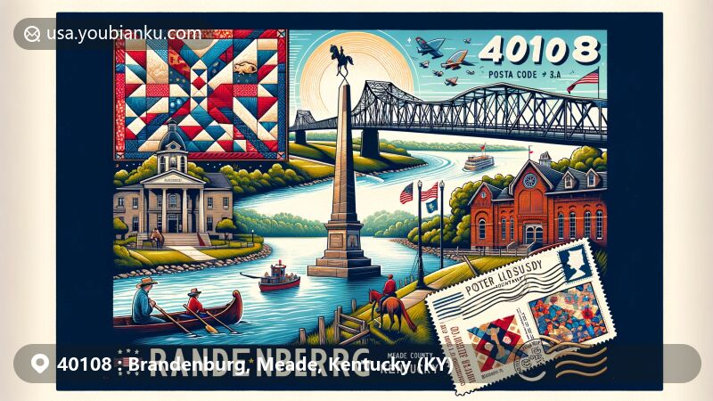 Modern illustration of Brandenburg, Meade County, Kentucky, featuring Ohio River, Matthew E. Welsh Bridge, Confederate Monument, quilt patterns, outdoor activities, and Meade County History Museum.