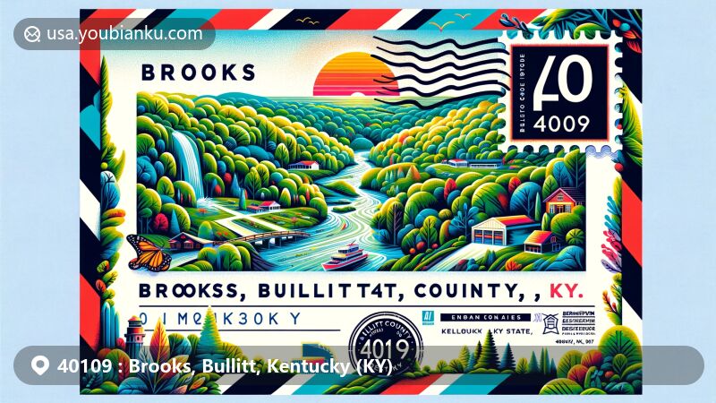 Modern illustration of Brooks, Bullitt County, Kentucky, featuring postal theme with ZIP code 40109, showcasing Bernheim Arboretum, Knobs State Forest, and Kentucky state symbols.