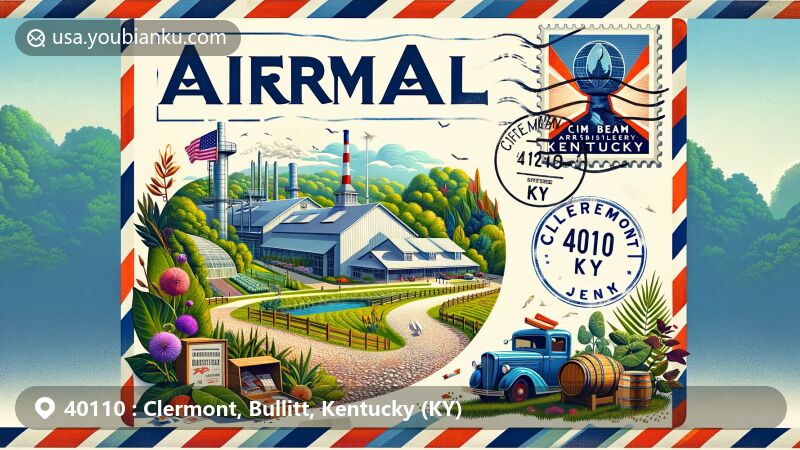 Modern illustration of Clermont, Kentucky, showcasing Bernheim Arboretum, Jim Beam Distillery, and postal theme with Kentucky state flag and postmark.