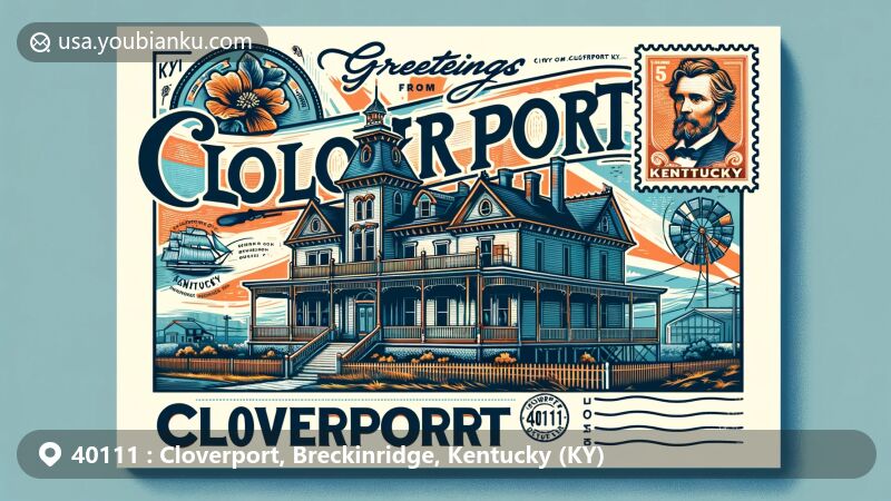 Modern illustration of Cloverport, Kentucky, showcasing historical Joseph Holt Mansion and Cloverport History Museum, with vintage postal elements and Kentucky state flag.