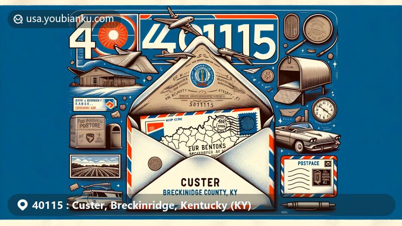 Modern illustration of Custer, Breckinridge County, Kentucky, focusing on ZIP code 40115, highlighting historical and cultural richness of the area.