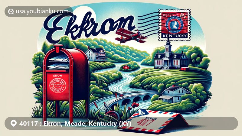 Modern illustration of Ekron, Meade County, Kentucky, representing ZIP code 40117 with iconic landmarks including Otter Creek Outdoor Recreation Area and Civil War Fort Duffield, incorporated in a vintage airmail envelope design adorned with Kentucky state flag stamp, postmarked Ekron, KY 40117, and a red mailbox displaying letters with the ZIP code.