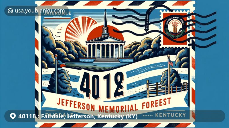 Modern illustration of Fairdale, Jefferson County, Kentucky, featuring Jefferson Memorial Forest and postal theme with ZIP code 40118, showcasing Kentucky state flag.