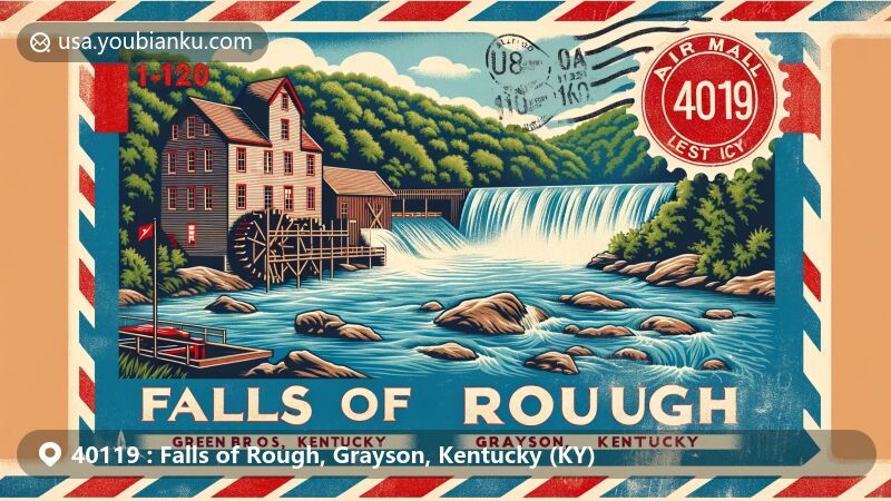 Modern illustration of Falls of Rough, Grayson County, Kentucky, featuring the Falls of Rough Historic District with Green Bros. Mill by the Rough River and Kentucky state symbols.