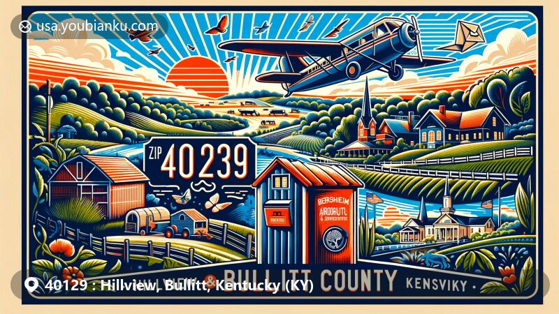 Modern illustration of Hillview, Bullitt County, Kentucky, capturing postal theme with ZIP code 40129, showcasing Bernheim Forest and a vintage air mail envelope.