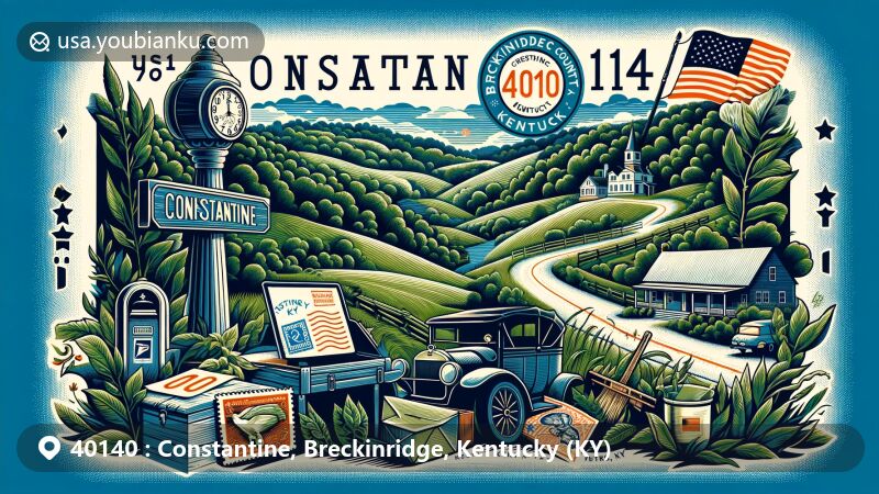 Modern illustration of Constantine, Breckinridge County, Kentucky, highlighting postal theme with ZIP code 40140, featuring lush landscapes and historic American frontier elements.