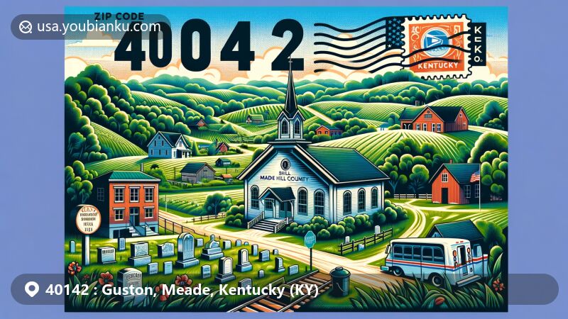 Modern illustration of Guston, Meade County, Kentucky, showcasing postal theme with ZIP code 40142, featuring Scott Hill School House and Graveyard, lush greenery, and Kentucky state flag.