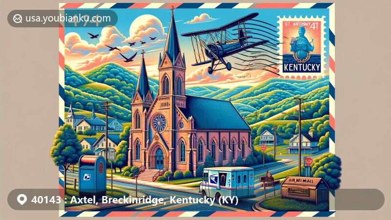 Modern illustration of St. Anthony's Catholic Church in Axtel area, Breckinridge County, Kentucky, highlighting postal theme with ZIP code 40143, featuring Kentucky landscapes and postal motifs.