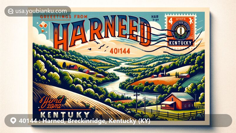 Modern illustration of Harned, Breckinridge County, Kentucky, capturing the charming scenery with rolling hills, lush forests, and winding rivers, reflecting small-town charm and natural beauty.