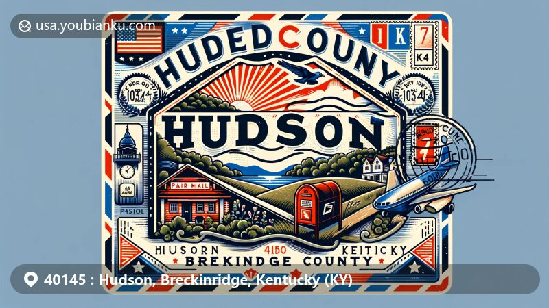 Modern illustration of Hudson, Breckinridge County, Kentucky, highlighting postal theme with ZIP code 40145, featuring state flag and county silhouette.