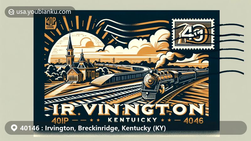 Modern illustration of Irvington, Kentucky, highlighting ZIP code 40146 and railroad heritage, featuring artistic integration of state abbreviation 'KY' and postal theme.