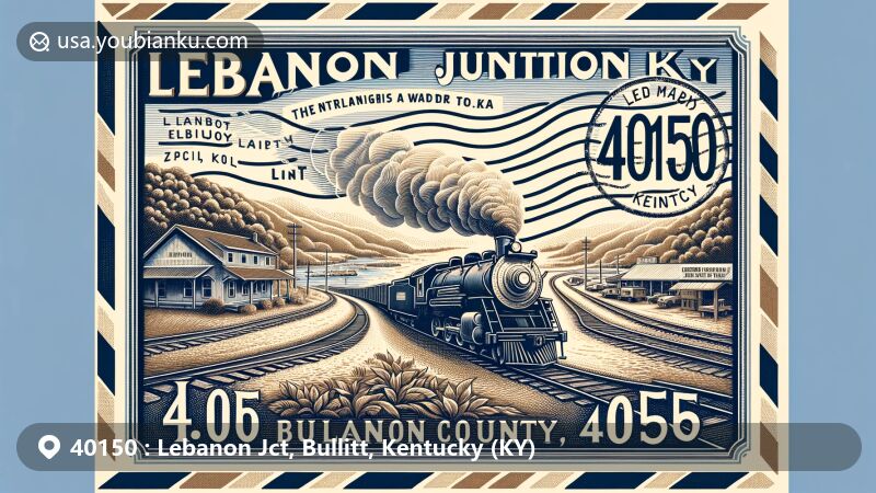 Modern illustration of Lebanon Junction, Bullitt County, Kentucky, showcasing historic railroad town with L&N Railroad, Rolling Fork river, and postal theme with ZIP code 40150.