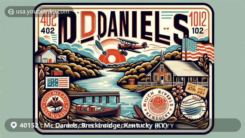 Modern illustration of Mc Daniels, Breckinridge County, Kentucky, with ZIP code 40152, featuring Rough River Lake and symbols of Kentucky, including the state flag. It creatively incorporates postal elements like a vintage air mail envelope, stamps, and a postal mark.