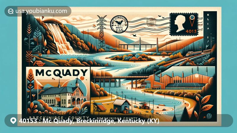 Modern illustration of McQuady, Breckinridge County, Kentucky, highlighting natural landscape with Kentucky Route 105 and Route 261, featuring Rough River Dam State Resort Park and Victoria Coal Mines.