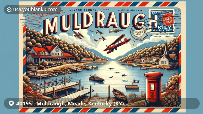 Modern illustration of Muldraugh, Meade County, Kentucky, featuring ZIP code 40155 on vintage airmail envelope, showcasing Crystal Lake and postal elements like red postbox, vintage stamp with Kentucky flag, and postal cancellation mark.