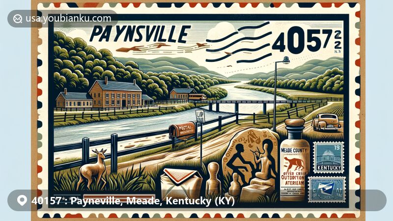 Modern illustration of Payneville, Meade County, Kentucky, depicting rural landscape along the Ohio River with Payneville Petroglyphs, Otter Creek Outdoor Recreation Area, and Meade Olin Park, incorporating vintage postal elements like a postal stamp, mail carrier bag, and rustic mailbox with ZIP code 40157.