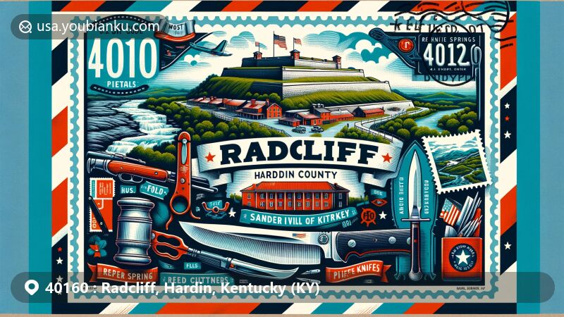 Modern illustration of Radcliff, Hardin County, Kentucky, showcasing postal theme with ZIP code 40160, featuring Fort Knox, Saunders Springs Nature Preserve, and Knife Capital designation.