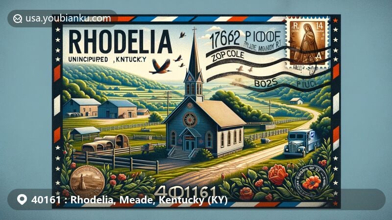 Modern illustration of Rhodelia, Meade County, Kentucky, capturing rural landscape with lush greenery and open fields, centered around St. Theresa of Avila Catholic Church, emphasizing historical and cultural significance.