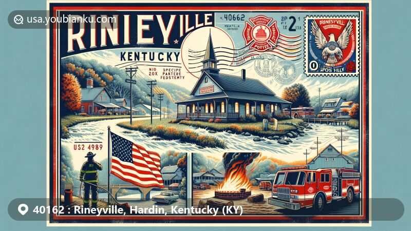 Modern illustration of Rineyville, Hardin County, Kentucky, showcasing postal theme with ZIP code 40162, featuring natural beauty and postal elements.