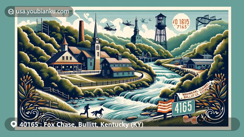 Modern illustration of Fox Chase, Bullitt County, Kentucky, featuring ZIP code 40165, showcasing Bernheim Forest, bourbon distilleries, Salt River Iron Furnace, and Brashear's Station, with a vintage postal theme and symbols like stamps, postmark, and mailbox.