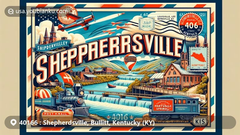 Modern illustration of Shepherdsville, Kentucky (KY), featuring iconic Salt River, Paroquet Springs, Louisville and Nashville Railroad, and vintage-style air mail envelope with ZIP code 40166.