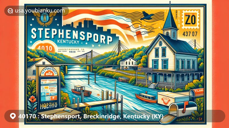 Modern illustration of Stephensport, Breckinridge County, Kentucky, featuring the Ohio River, Joseph Holt Home, vintage postcard with ZIP code 40170, Kentucky state flag, stamp, postmark, and mailbox, in a bright and colorful style.