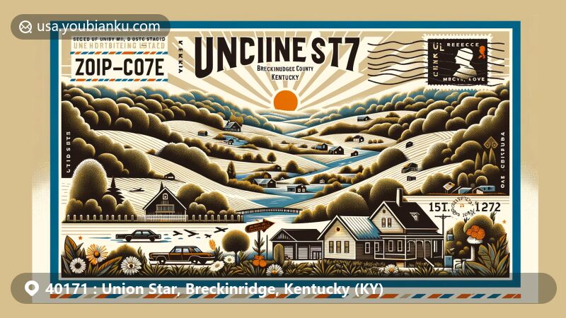 Modern illustration of Union Star, Breckinridge County, Kentucky, capturing rural charm with elements of rolling hills, forests, wildflower fields, and a friendly small-town atmosphere, designed in a postcard style with postal elements and the ZIP code 40171.