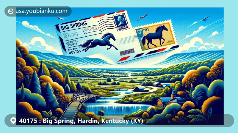 Modern illustration of Big Spring in Hardin County, Kentucky, blending natural beauty with postal elements, featuring ZIP code 40175 and iconic Kentucky symbols.