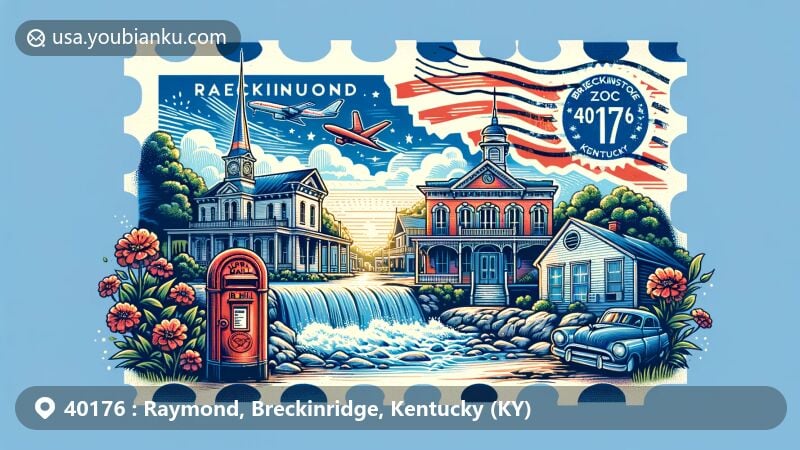 Modern illustration of Raymond, Breckinridge County, Kentucky, showcasing postal theme with ZIP code 40176, featuring Falls of Rough Historic District and Cloverport Historic District.