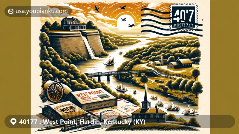 A striking illustration of the iconic Hogtown in Crawford County, Indiana, capturing the essence of a rural postal theme with the prominent ZIP code 47140, also depicting landmark Marengo Cave and Indiana state symbols.