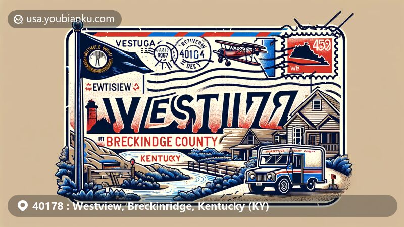 Modern illustration of Westview, Breckinridge County, Kentucky, incorporating elements of the area like the Kentucky state flag, Breckinridge County outline, and Rough River. Includes postal details like airmail envelope, ZIP code 40178 stamp, postal mark, and traditional mailbox/van.