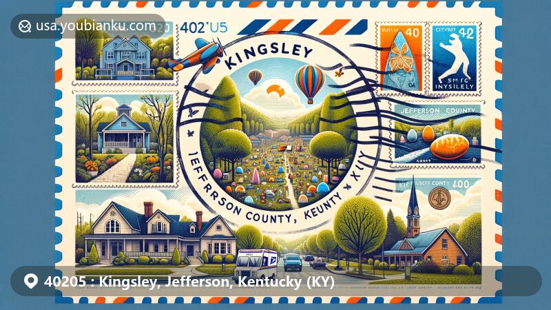 Modern illustration of Kingsley, Jefferson County, Kentucky, embodying ZIP code 40205, featuring vintage air mail envelope with creative stamps highlighting local landmarks and community events, reflecting strong community spirit, beautiful neighborhoods, and lush green spaces.
