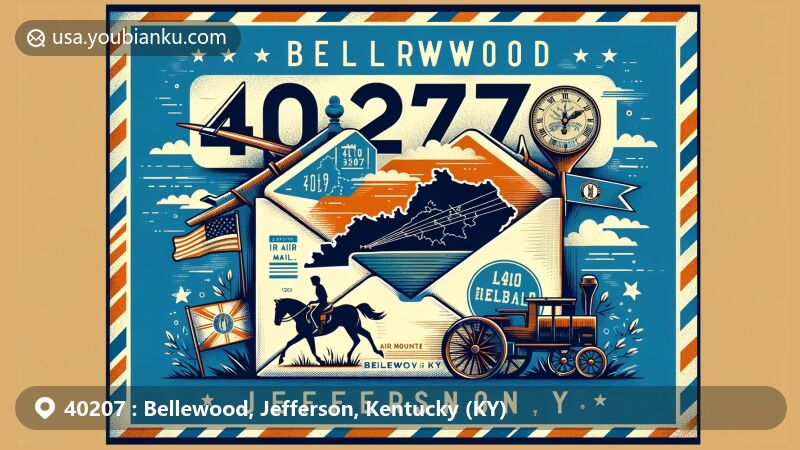 Modern illustration of Bellewood, Jefferson County, Kentucky, ZIP code 40207, featuring vintage airmail envelope with county map outline highlighting Bellewood, and symbols of Kentucky including state flag, horse, and bluegrass.