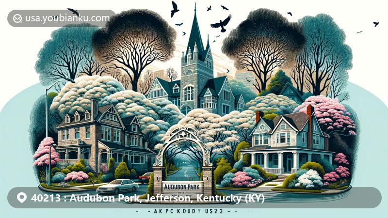 Modern illustration of Audubon Park, Jefferson County, Kentucky, featuring postal theme with ZIP code 40213, showcasing lush tree-lined streets, diverse architectural styles, Audubon Country Club, dogwood flowers, stone gateways, and bird silhouettes.