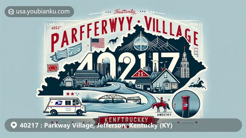 Modern illustration of Parkway Village area in Jefferson County, Kentucky, showcasing postal theme with ZIP code 40217, featuring Louisville skyline and Ohio River.