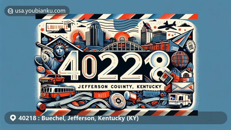 Modern illustration of Buechel, Jefferson County, Kentucky, highlighting postal theme with ZIP code 40218, featuring creative postcard design and symbols representing Louisville.