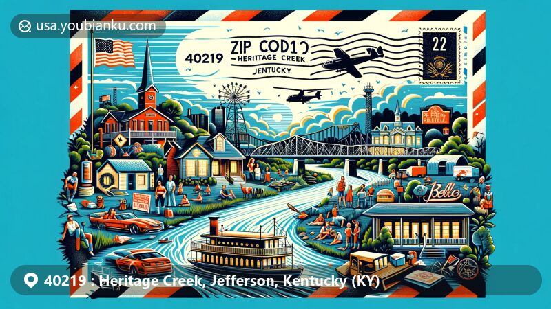 Modern illustration of Heritage Creek, Jefferson County, Kentucky, depicting postal theme with ZIP code 40219, showcasing diverse community and iconic state symbols.