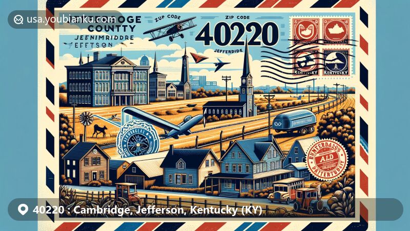 Modern illustration of Jeffersontown, Cambridge, Jefferson, Kentucky, with vintage air mail envelope highlighting ZIP code 40220, featuring Bluegrass Commerce Park and Kentucky state symbols.
