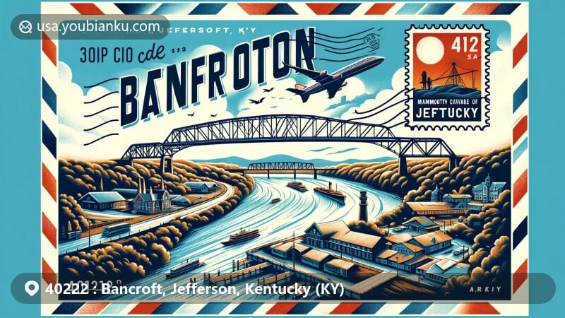 Modern illustration of Bancroft and Jefferson, 40222 area, Kentucky, with Big Four Bridge and Mammoth Cave National Park, showcasing postal theme with vintage postcard layout and cancellation mark reading '40222 Bancroft, KY'.