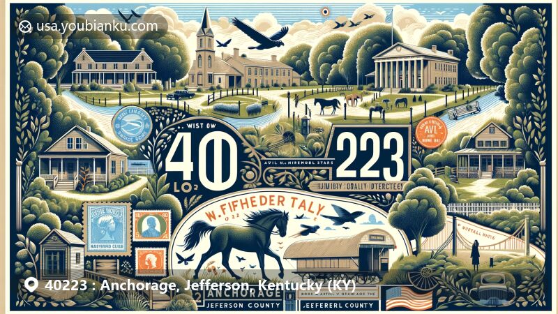 Modern illustration of Anchorage, Jefferson County, Kentucky, capturing small-town charm, historic architecture, and scenic beauty with tree-shaded parks, horse paths, walking trails, and the Anchorage Trail, reflecting vibrant traditions and love for nature in ZIP code 40223.